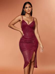 D&M Vestido Formal Sexy De Trabajo Pesado Con Tirantes Espagueti Con Cuentas Y División Frontal - Burdeos - Ver 1