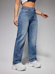 SHEIN EZwear Của phụ nữ Tầng Trung Giò thẳng Quần jean - Màu xanh lam - Xem 4