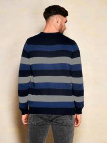 SHEIN Cottnline Men's Striped Colorblock Round Neck Sweater - Blue - View 2