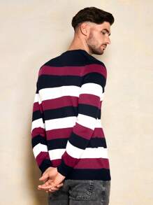 SHEIN Cottnline Men's Simple Striped Color Block Round Neck Sweater - Burgundy - View 5