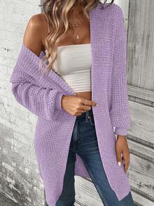 SHEIN LUNE Màu thuần Lỏng lẻo phù hợp Thả vai Mở Mặt trước Áo len Mở Đối với Giải trí Mặc - Màu tím - Xem 6