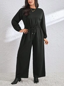 SHEIN Essnce 加大尺寸束腰連身褲 - 黑色 - 查看 3