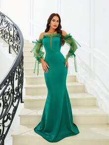 Missord 女士露肩網紗氣球袖晚禮服(重負荷款式) - 綠色 - 查看 5