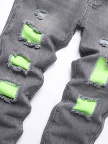 Teen Boys' Ripped Jeans With Cloth Patchwork - Grey - View 8