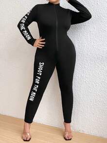 SHEIN Coolane 加大號標語圖形拉鍊連身跳傘服 - 黑色 - 查看 7