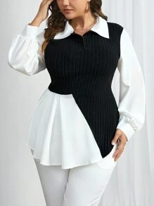 Firerie Plus Size Contrast Color Ribbed Knitting & Mesh Panel Splicing Turn-down Collar Women's Top - Black and White - View 4