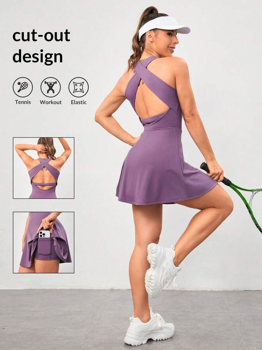 VARSITIE 網球基本款胸墊裝&背心式短袖連身裙 - 淺灰紫 - 查看 1