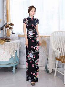 Fikoo 女士黑色复古花卉旗袍连衣裙 - 新娘/长款晚礼服，短袖开衩设计，适合婚礼宾客、花园派对、文化活动及正式场合度假穿着 - 黑色 - 查看 2