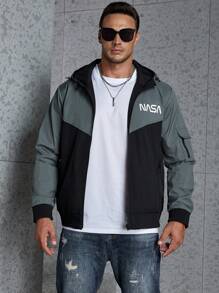 Manfinity Homme Nam Plus Đồ họa Chữ cái Khối màu Dây kéo áo có mũ Áo khoác - màu đen - Xem 7