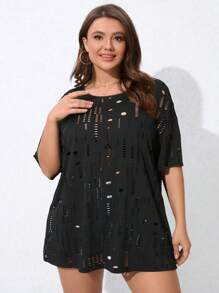 SHEIN LUNE Kích thước lớn Quý cô Dệt kim Lỏng lẻo phù hợp Xu hướng: Cắt giảm Áo - màu đen - Xem 7