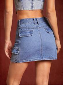 Flap Pocket Denim Skirt - Medium Wash - View 2