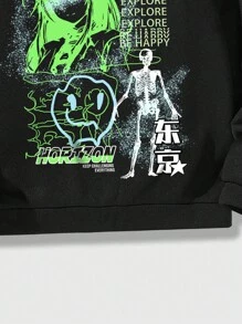 ROMWE MEN Anime 男士字母及人物印花連帽衫 - 黑色 - 查看 5