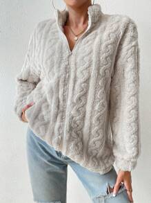 SHEIN Essnce 純色半拉鍊落肩保暖外套 - 杏色 - 查看 1