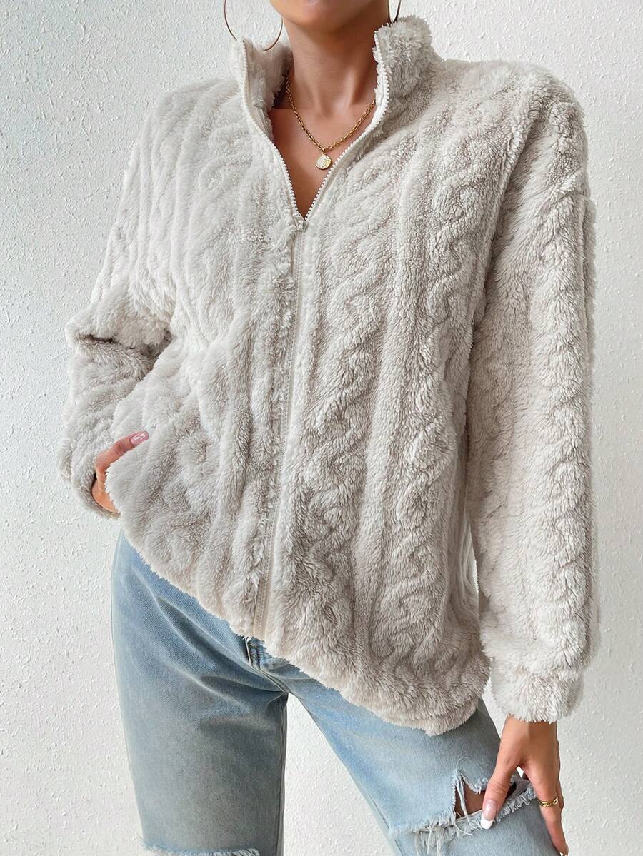 SHEIN Essnce 純色半拉鍊落肩保暖外套 - 杏色 - 查看 1