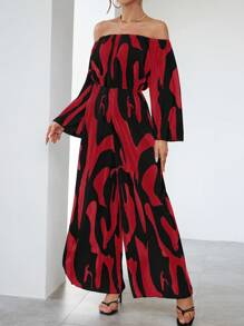 SHEIN Privé 女性圖案一字肩闊腿連體褲 - 紅色 - 查看 5