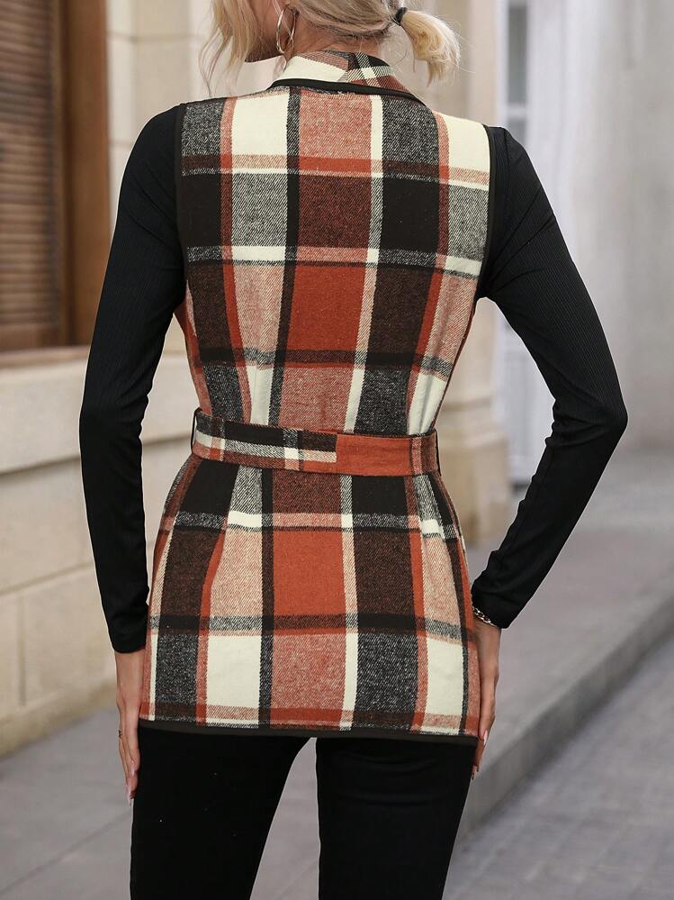 SHEIN LUNE Chaleco Con Cinturón Y Abrigo De Cuadros Y Bloque De Collar De Cascada Con 2 Piezas De Camiseta A Juego - Naranja - Ver 2