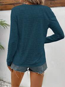 SHEIN Frenchy Women's Solid Color Hollow Embroidered Lace Patchwork T-shirt - Royal Blue - View 2