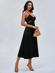 Growing Cut Out Split Thigh Cami Dress - Black - View 4