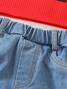 SHEIN Little Girls' 3pcs Black Jacket + Distressed Jeans + Camisole Tank Top Set - Red - View 6