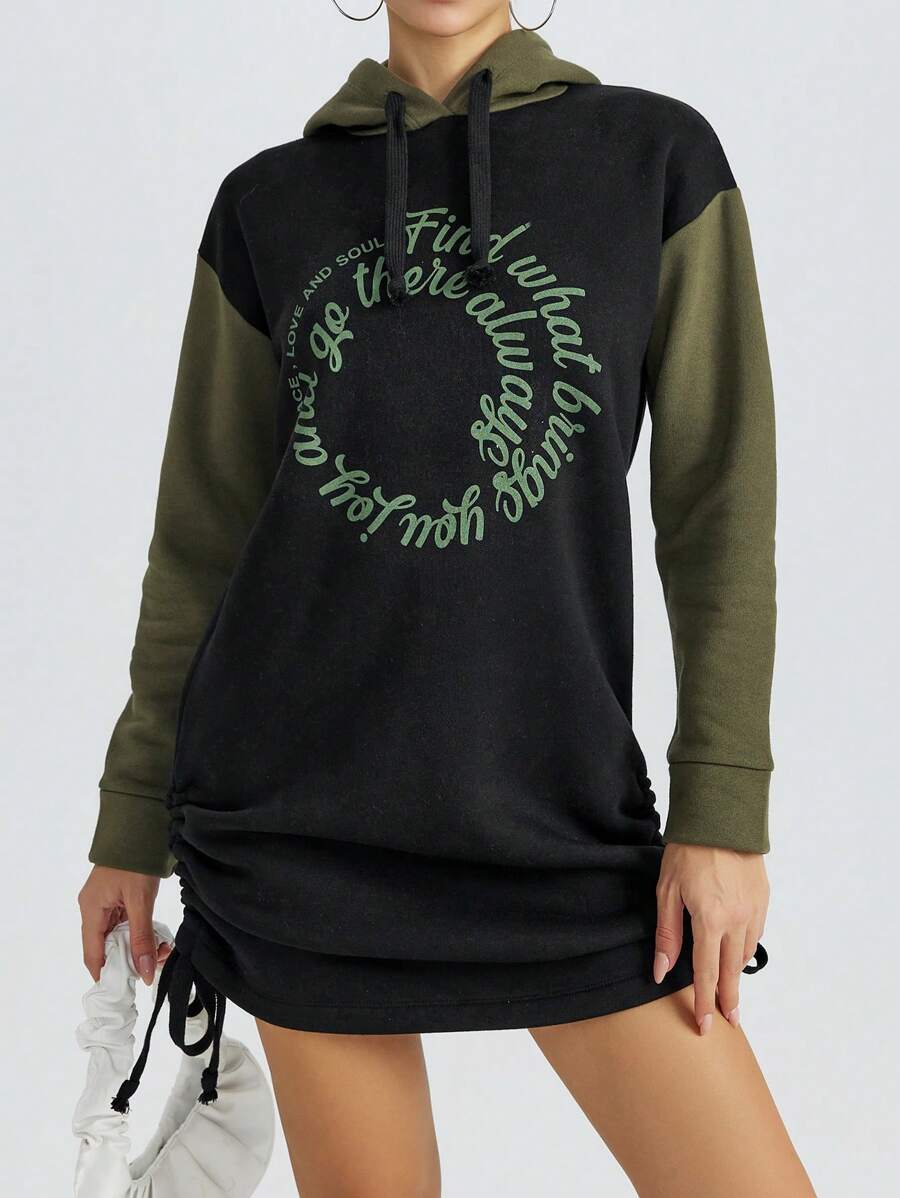 EURMUSE Đồ họa Khẩu hiệu Bên dây rút Váy Hoodie - màu xanh lá - Xem 1