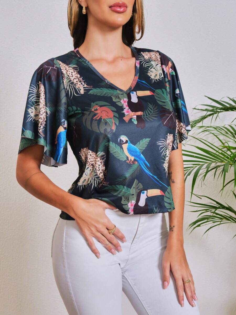 SHEIN 女性熱帶植物葉子印花短袖襯衫 - 綠色 - 查看 1
