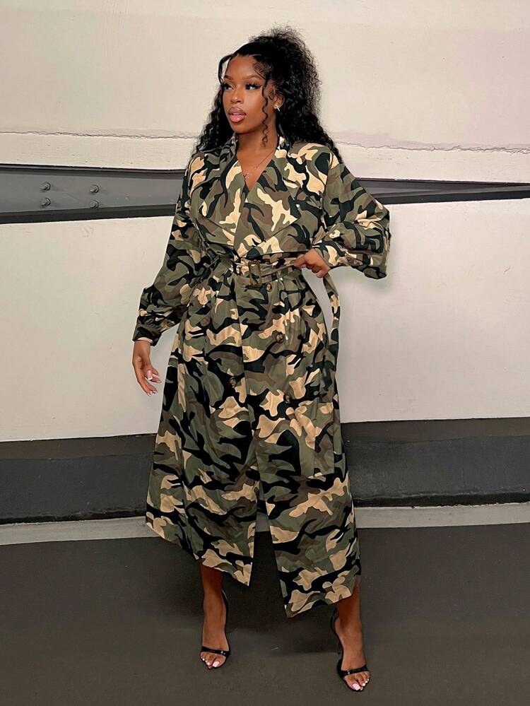 Ladies' Camouflage Turn-Down Collar Trench Coat