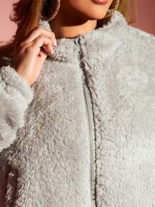 SHEIN SXY Drawstring Hem Solid Teddy Jacket Turtleneck Zip Cardigan White Top - Grey - View 5