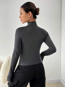 SHEIN EZwear 字母拼接細節拉彈袖拉鍊t恤 - 灰色 - 查看 3