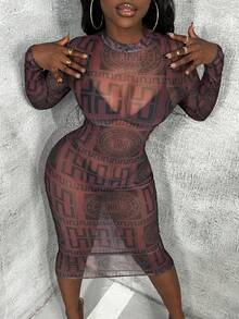 Slaydiva Geometric Pattern Mesh Perspective Dress - Burgundy - View 5