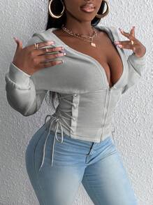 Slaydiva Áo hoodie có khóa kéo bên hông, buộc dây và khoen kim loại - Màu Xám nhạt - Xem 3