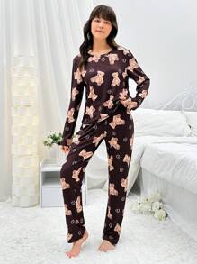 Teen Girls' Cute Bear Patterned Pajama Set For Autumn - Black - View 6