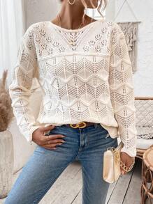 SHEIN Clasi Women'S Hollow Out Knitted Drop Shoulder Sweater - Beige - View 2