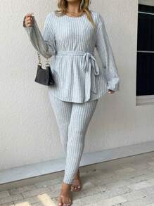 SHEIN LUNE Plus Size Cropped Top And Flared Pants Set With Ribbed Design - Light Grey - View 3