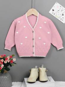 Em bé Cô gái Hình vết tròng Polka Nút-Mặt trước Áo len Mở - Màu Hồng baby - Xem 1