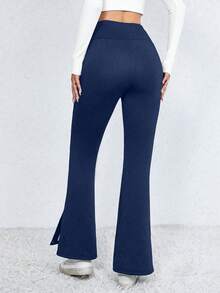 SHEIN Essnce 宽腰带保暖内衬开衩下摆紧身裤 - 藏蓝色 - 查看 2