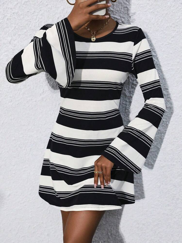 Striped Print Bell Sleeve Dress