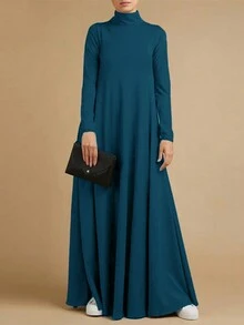 Women Dresses Split Plain Casual - Biru - View 5