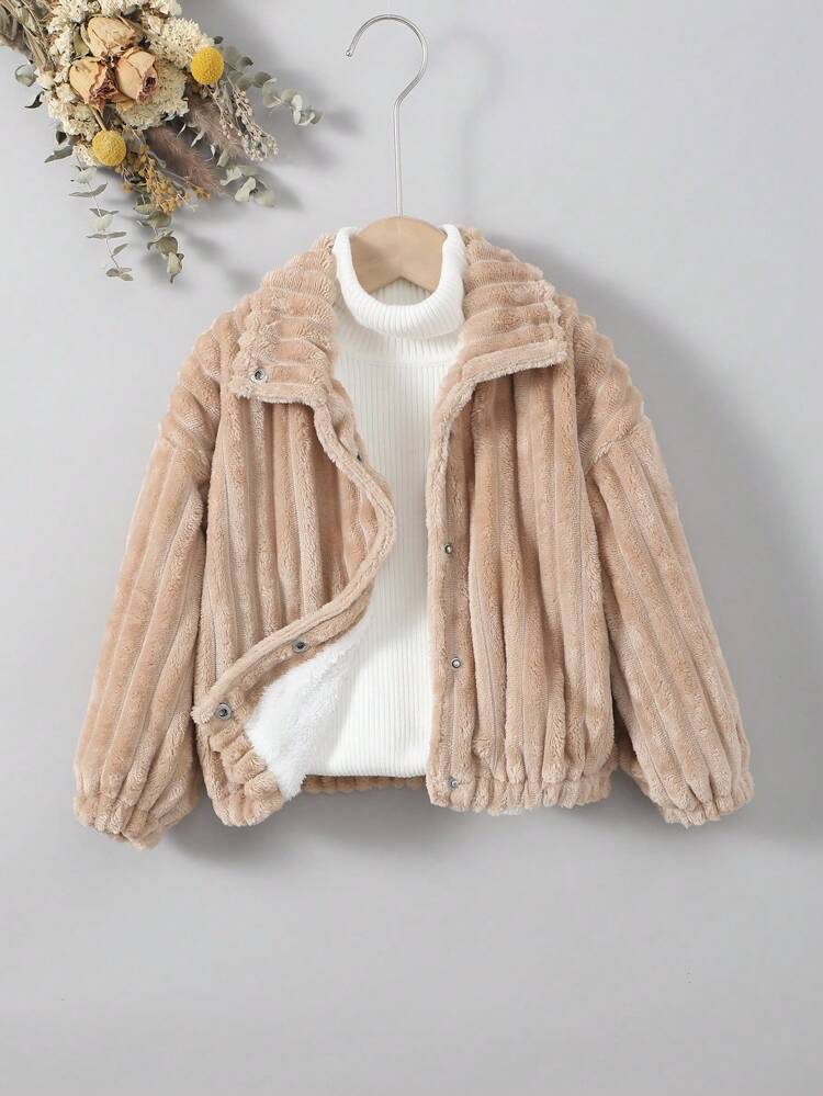 Little Girls' Sweet And Cool Casual Stylish Plush Lapel Hidden Button Coat With Vertical Stripe Pattern For Autumn And Winter