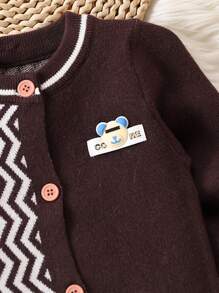 Infant Boys' Zigzag Pattern Teddy Bear Patch Cardigan With Front Snap Closure - Brown - View 4