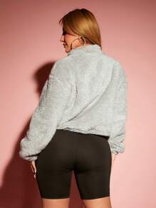 SHEIN SXY Drawstring Hem Solid Teddy Jacket Turtleneck Zip Cardigan White Top - Grey - View 2