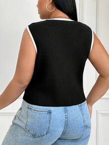 SHEIN EZwear Kích thước lớn Khối màu Nút phía trước Áo nịt đan Áo vest - Đen và trắng - Xem 2