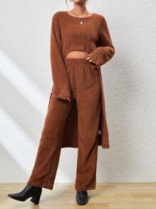 SHEIN Essnce Solid High Low Hem Fuzzy Tee & Pants