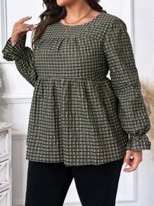 SHEIN LUNE 大碼網格線條紋圓領襯衫帶荷葉邊 - 墨綠色 - 查看 5