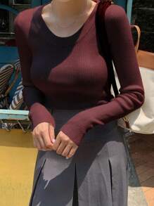 DAZY Solid Color Slim Fit Sweater, Business Casual Style,Long Sleeve Tops,Fall Clothes - Burgundy - View 4