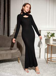 Cô gái Giải trí Và Thoải mái Đen Halter Neck Tay áo dài Đầm - màu đen - Xem 1