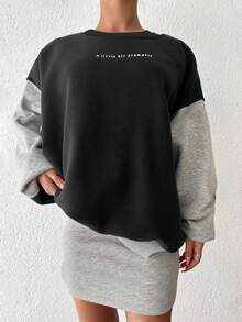 SHEIN Cottnline Lỏng lẻo phù hợp Áo nỉ Với Tương phản Màu sắc In - màu đen - Xem 3