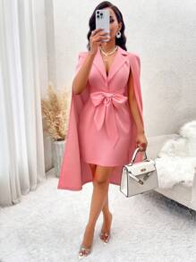 SOLERSUN 翻領斗篷袖前打結連身裙 - 粉色 - 查看 6