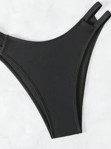 Conjunto de bikini de copa triangular de color liso con cubridor, 3 piezas/set, playa de verano - Negro - Ver 7