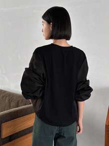 FRIFUL 女式拼布袖落肩卫衣、长袖上衣、秋装 - 黑色 - 查看 2
