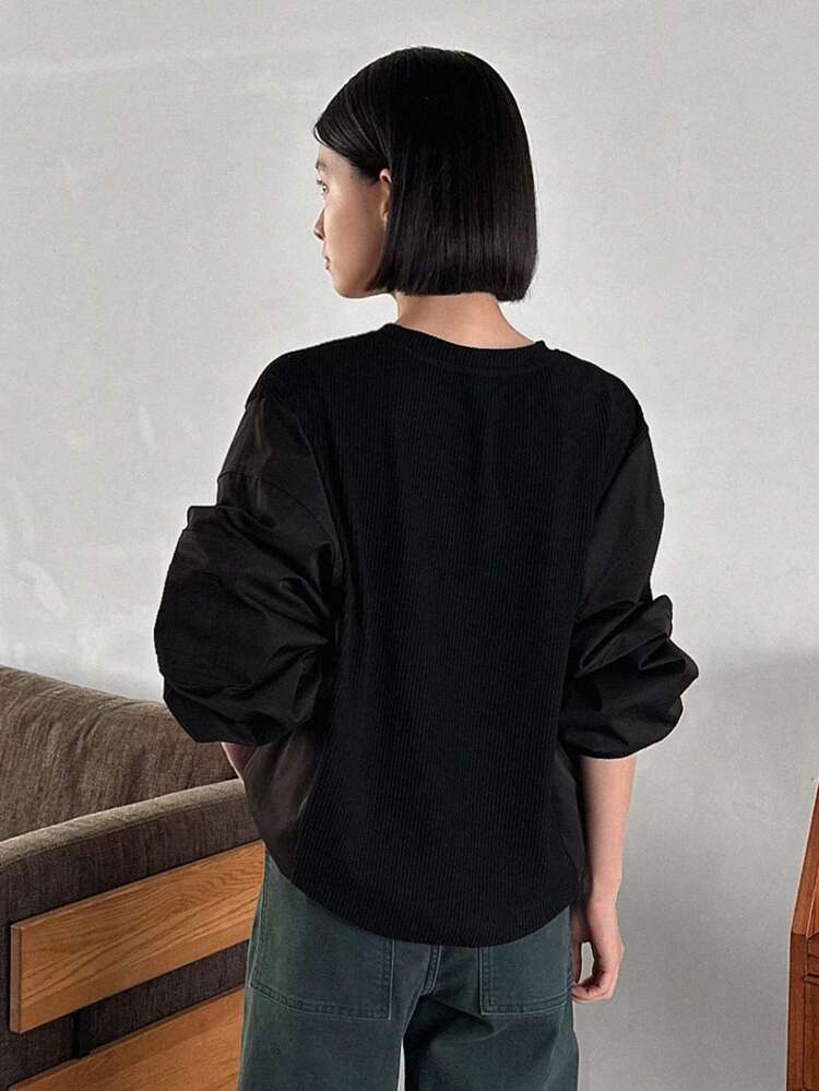 Women's Patchwork Sleeve Drop Shoulder Sweatshirt,Long Sleeve Tops,Fall Clothes